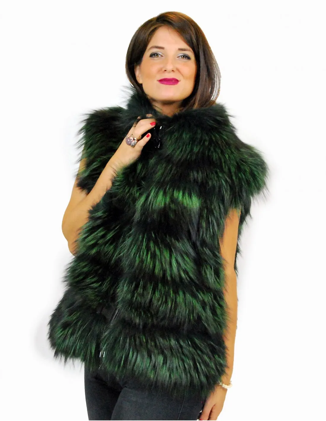 44 Pelliccia volpe verde scuro smanicato con pelle scamosciata Fuchspelz fox fur лисица fourrure renard 