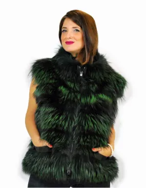 44 Pelliccia volpe verde scuro smanicato con pelle scamosciata Fuchspelz fox fur лисица fourrure renard 