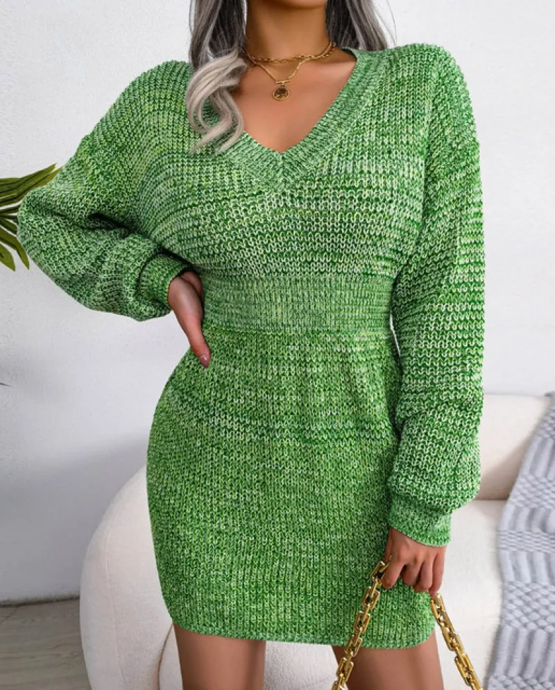 Abito da donna in lino a maniche lunghe con scollo a V diviso a costine lavorato a maglia a righe aderente