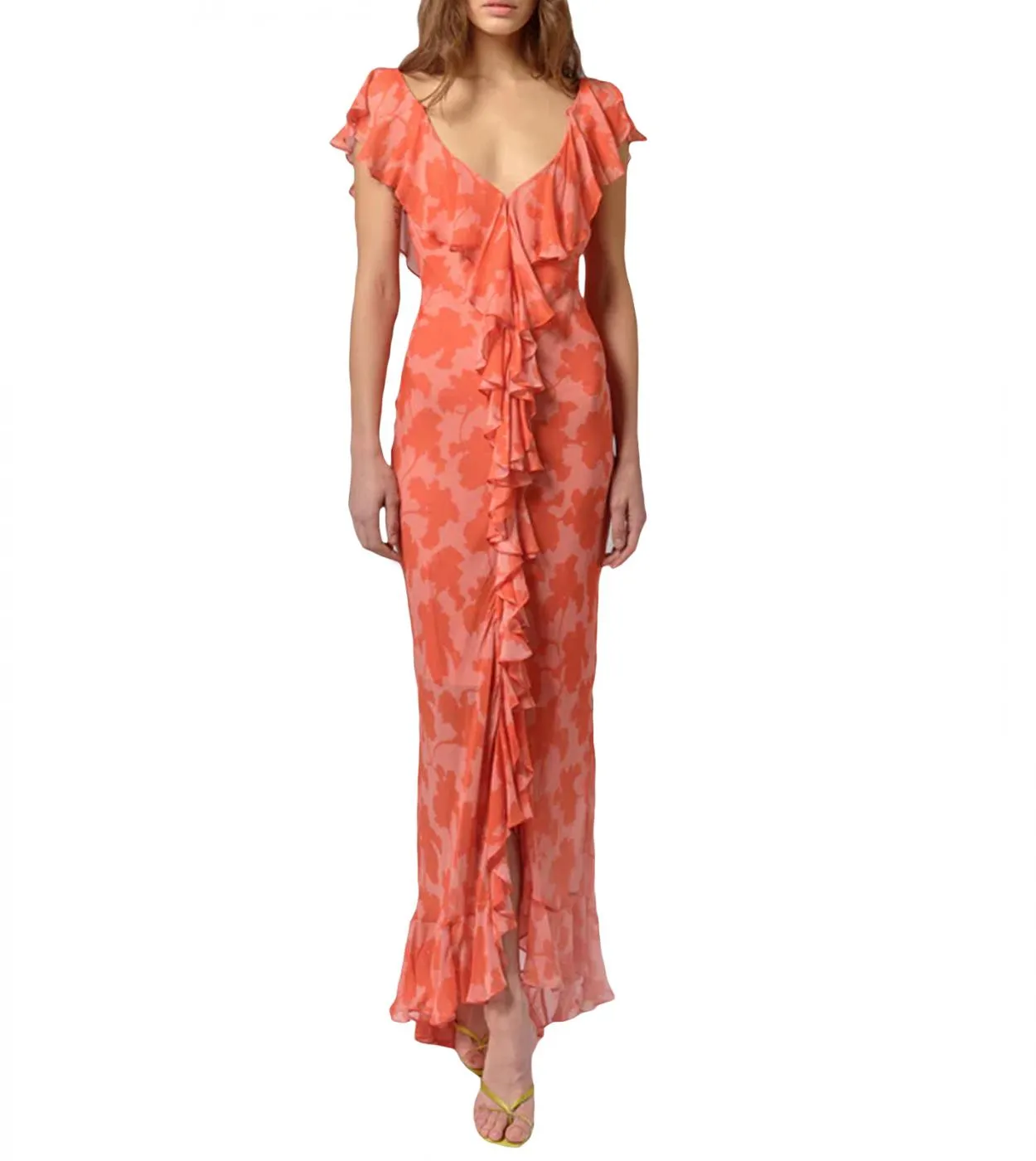 Abito estivo da donna a coda di pesce floreale arruffato con scollo a V senza maniche con spacco sul retro e abito da sera lungo