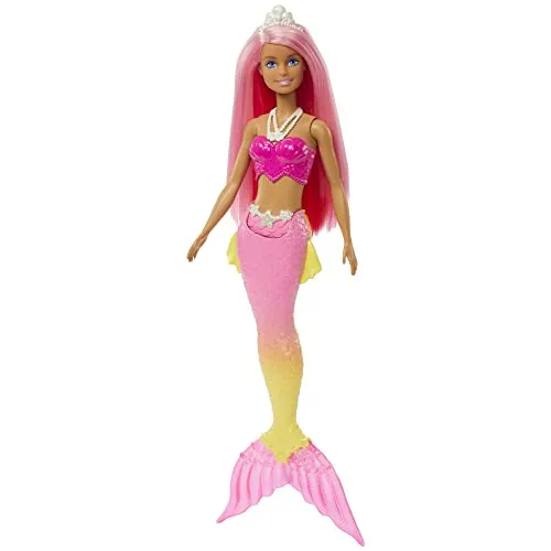 Barbie - Dreamtopia Sirena Bambola capelli rosa con coda rosa e giallo sfumati e coroncina, Giocattolo per Bambini 3+ Anni, HGR1