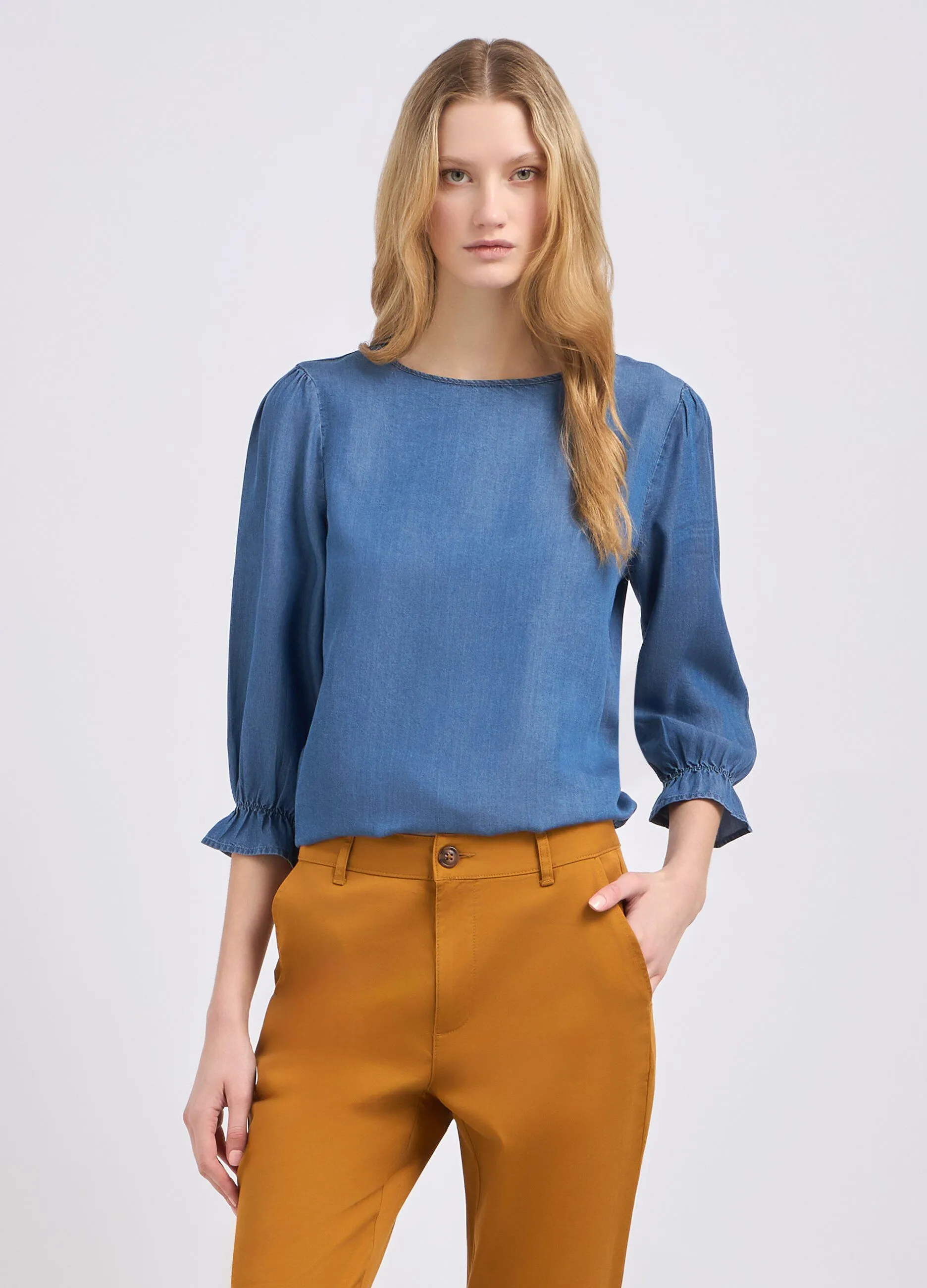 Blusa in tencel con manica a palloncino donna