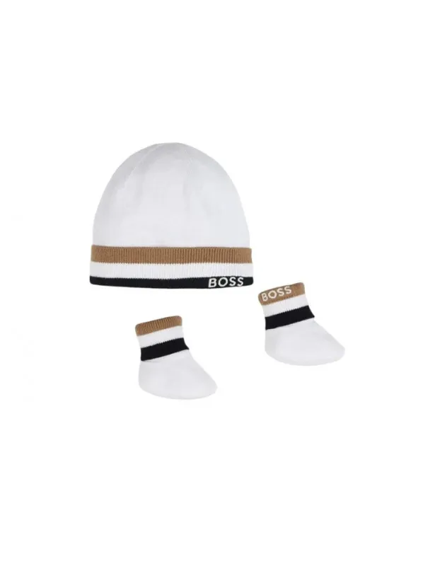 BOSS     Set cappello e babbucce bianco con logo Boss
