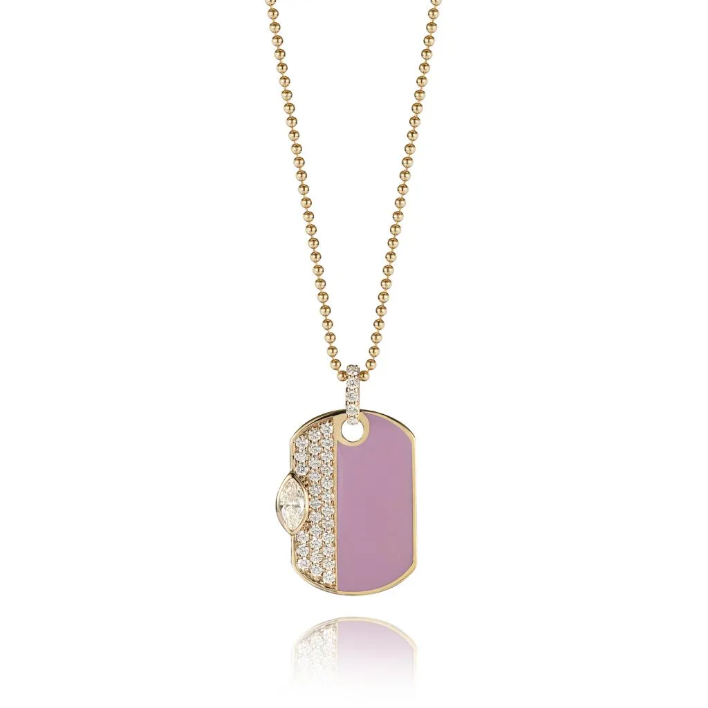 Collana medaglia in oro giallo smaltato rosa e diamanti 0,51ct