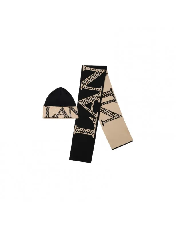 LANVIN     Set cappello e sciapa beige e nero con logo Lanvin