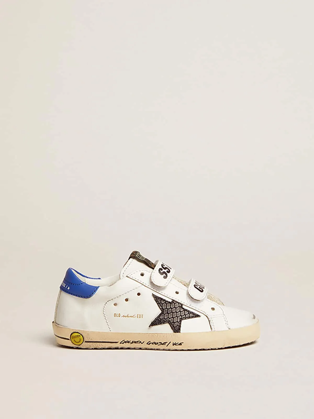 Old School Young con stella in pelle pitonata nera e talloncino blu