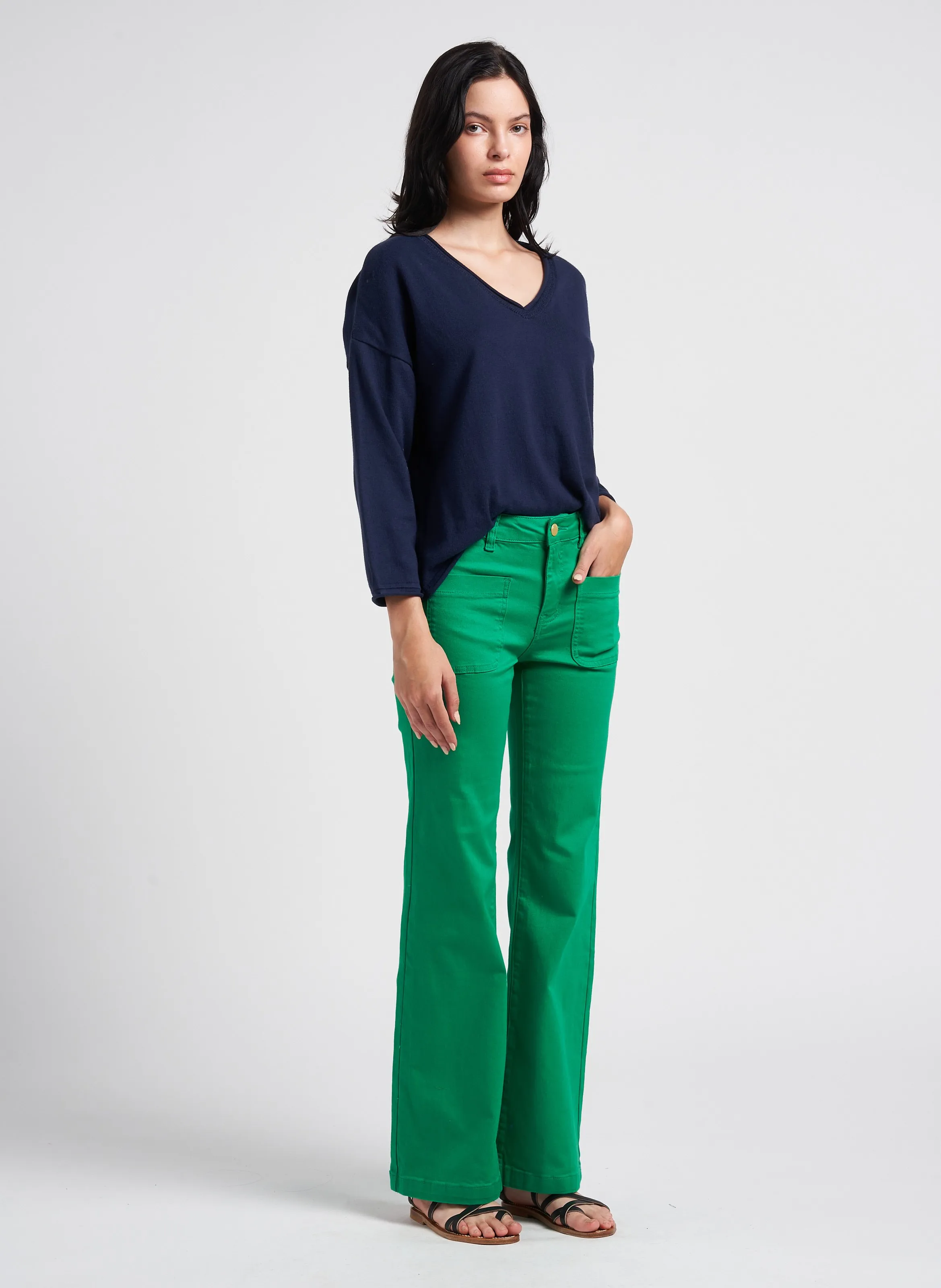  ONE STEP   Maglione a collo a V svasato in cotone | Blu