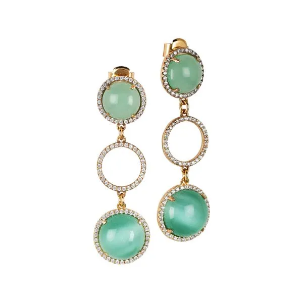 Orecchini pendenti con zirconi e cabochon verde acqua gatteggiante e verde acqua opaco    